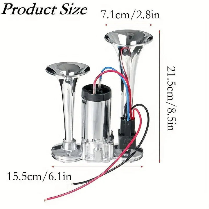 Dual Horn System with Built-In Compressor for 12V Vehicles