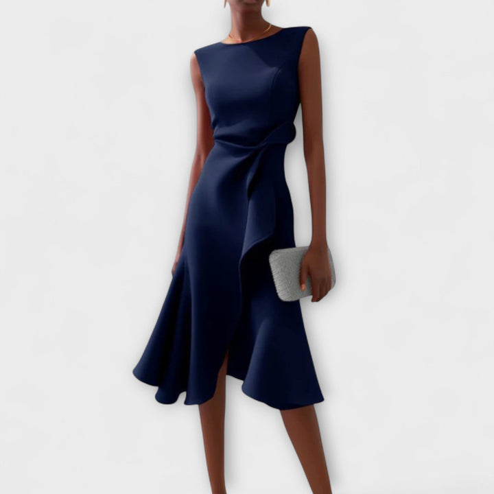 Asymmetric Midi Dress with Draped Hem and Sleeveless Cut, Lightweight Knit