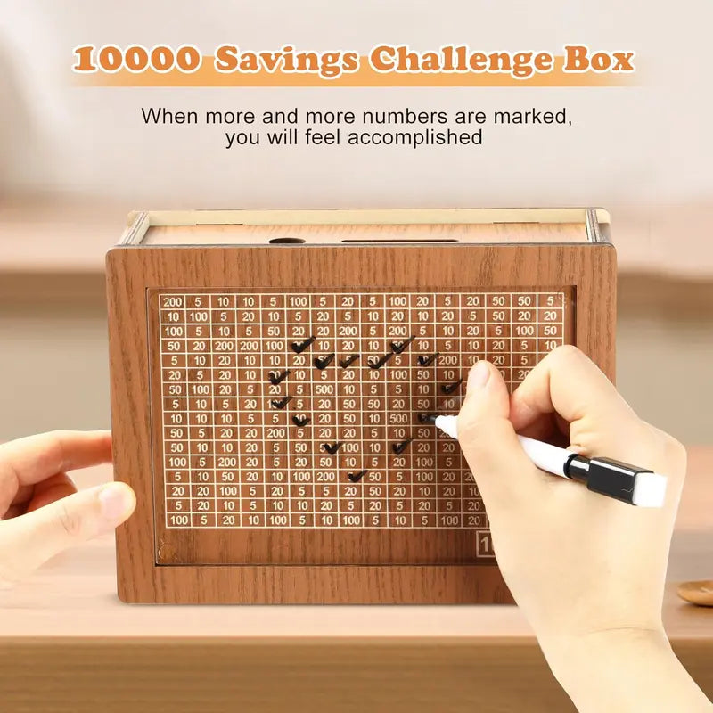 Wooden Money Savings Box with Clear Acrylic Panel and 9 Goal Targets