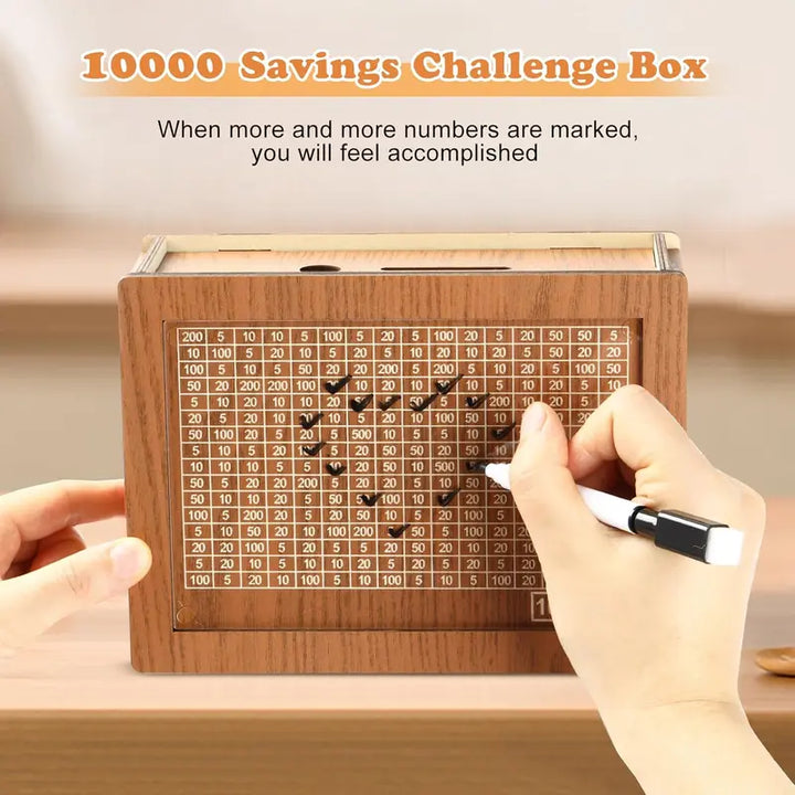 Wooden Money Savings Box with Clear Acrylic Panel and 9 Goal Targets