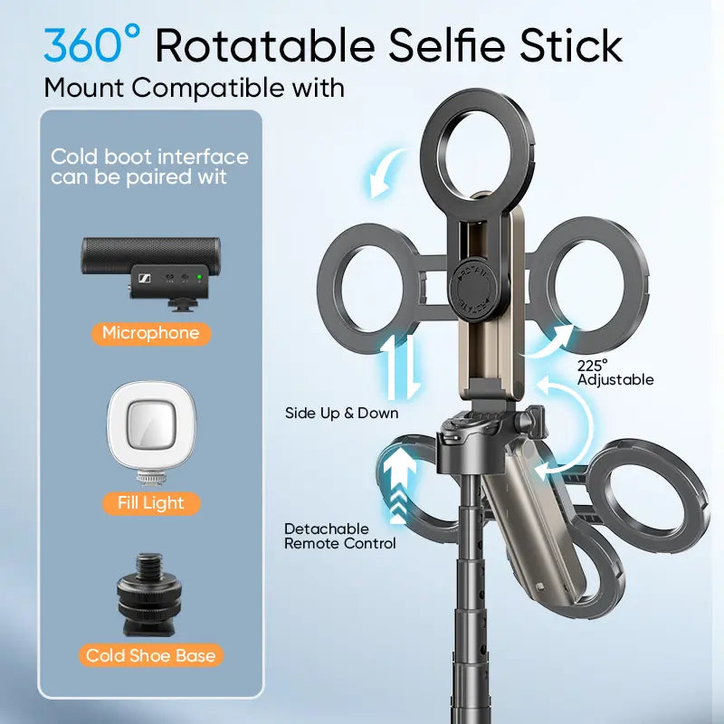 Selfie Stick with Magnetic Phone Holder and 10-Meter Wireless Remote, Tripod Base