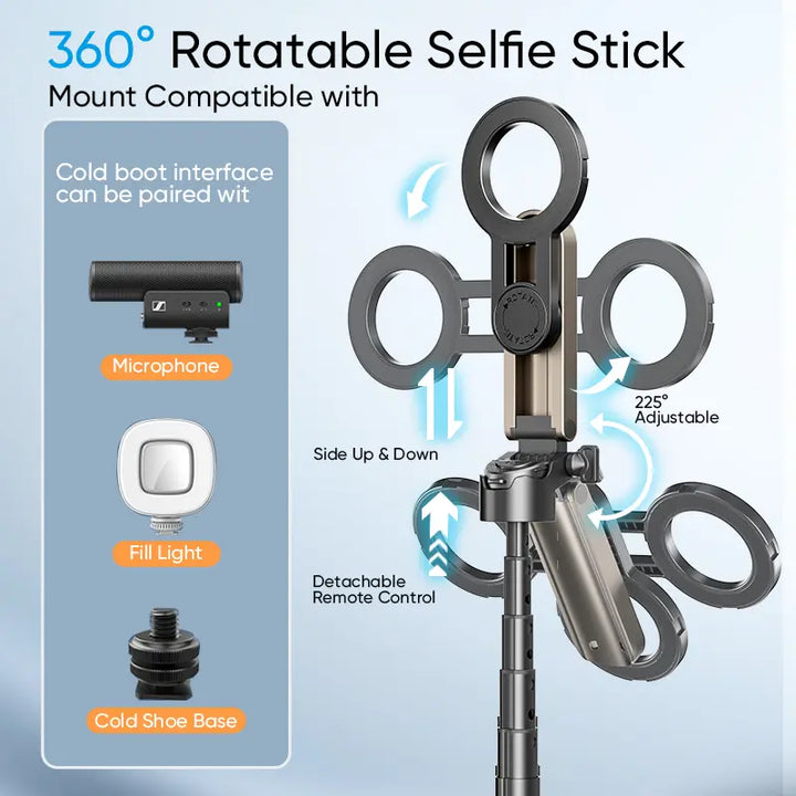 Selfie Stick with Magnetic Phone Holder and 10-Meter Wireless Remote, Tripod Base