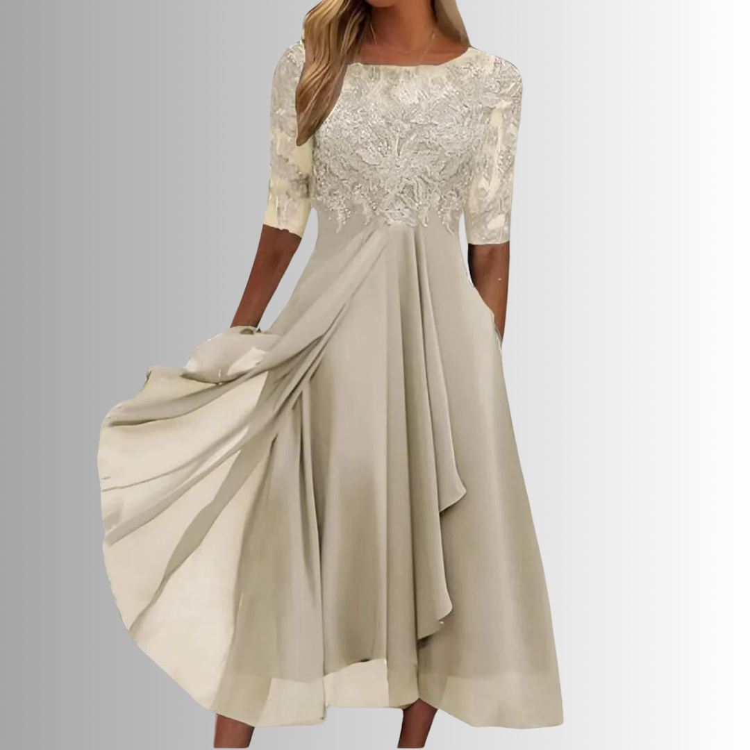 Lace Dress with Delicate Lace Bodice and Layered Lightweight Skirt, Back Zipper