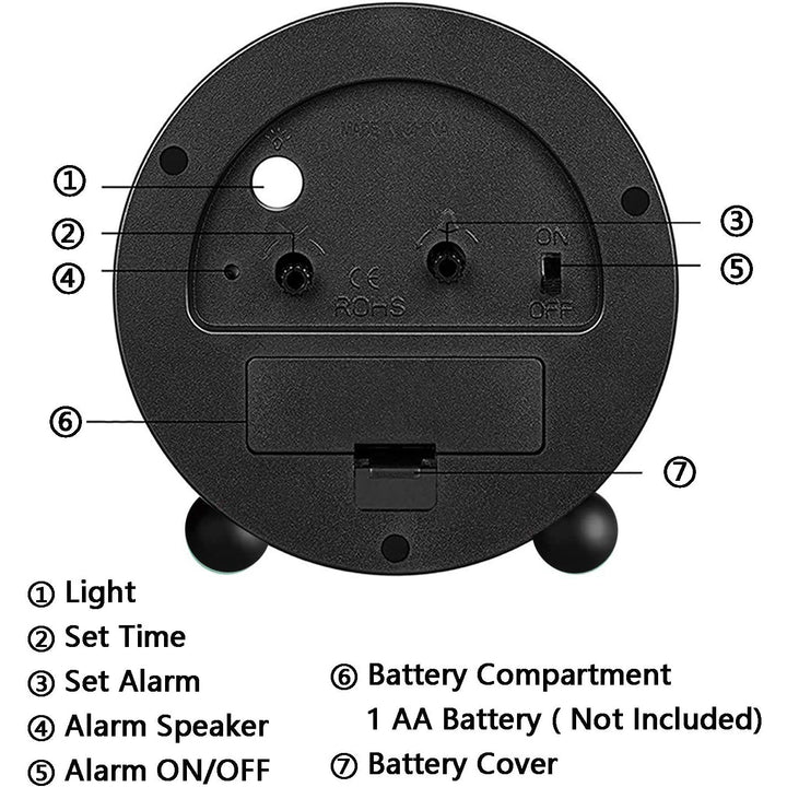 Compact Analog Alarm Clock with Silent Second Hand and Yellow Night Light