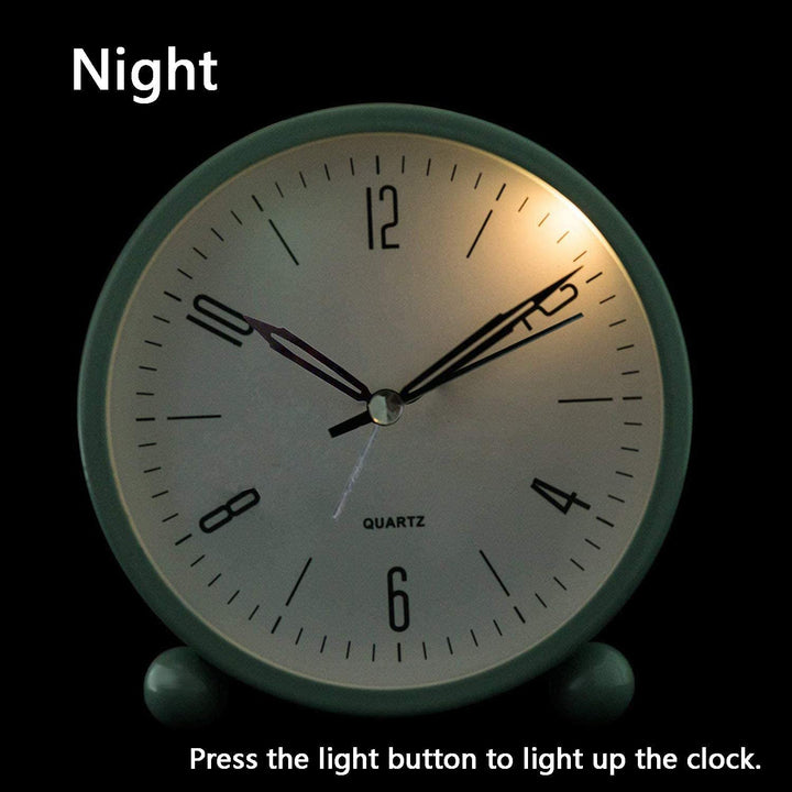 Compact Analog Alarm Clock with Silent Second Hand and Yellow Night Light