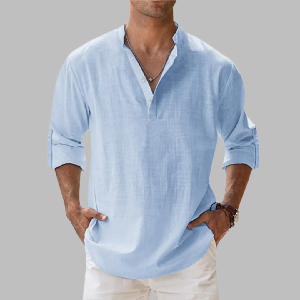 Linen Button Down Shirt with Relaxed Fit and Rollable Long Sleeves, Classic Collar