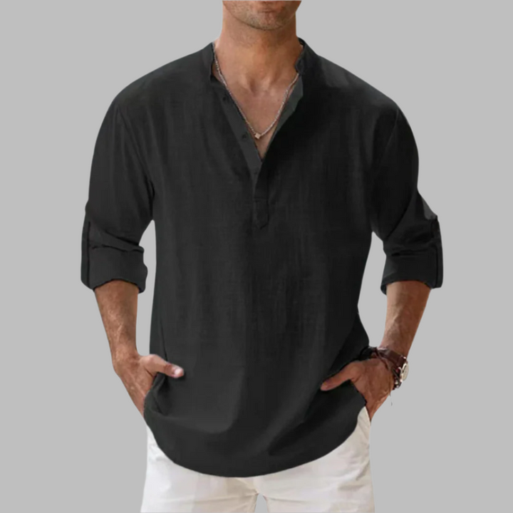 Linen Button Down Shirt with Relaxed Fit and Rollable Long Sleeves, Classic Collar