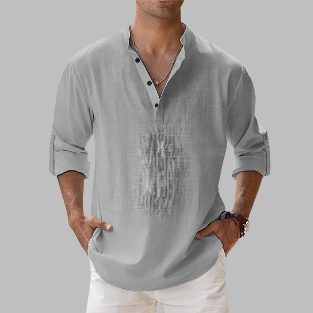 Linen Button Down Shirt with Relaxed Fit and Rollable Long Sleeves, Classic Collar