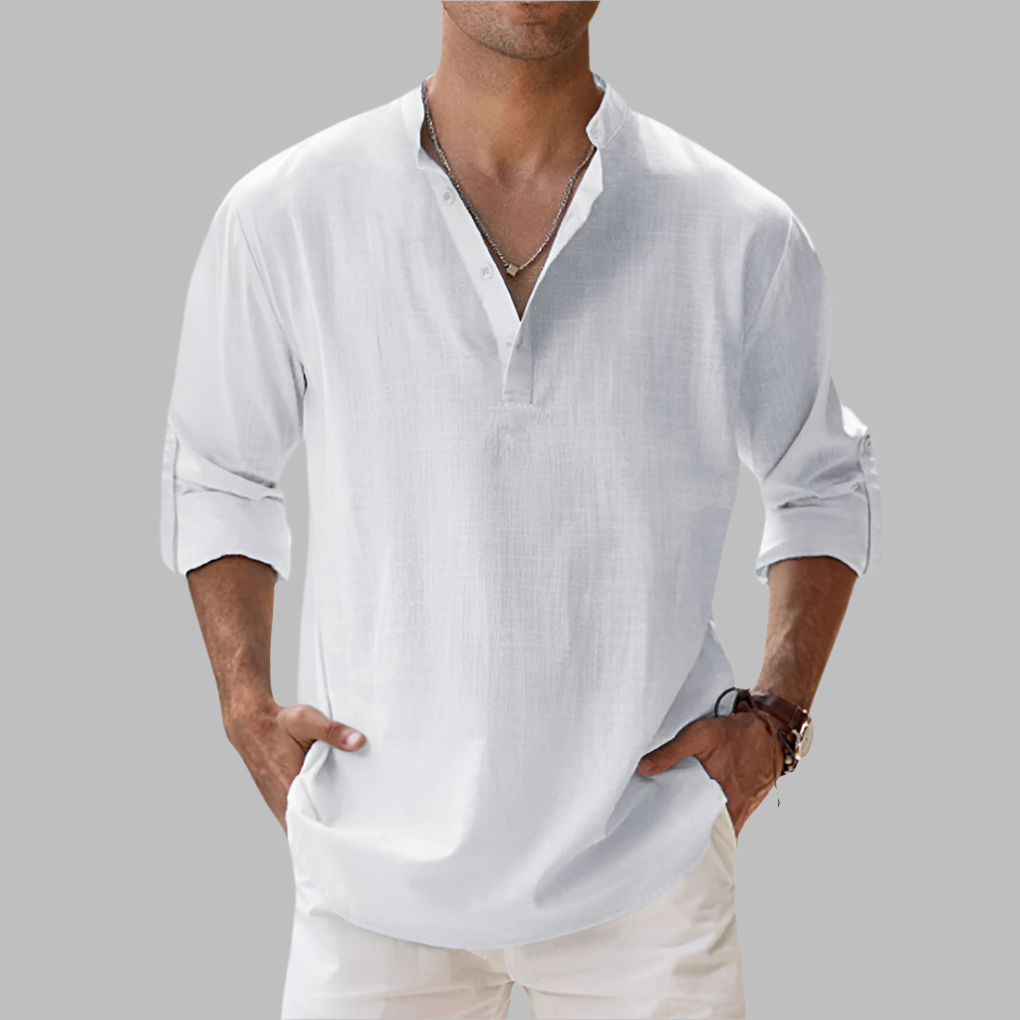 Linen Button Down Shirt with Relaxed Fit and Rollable Long Sleeves, Classic Collar