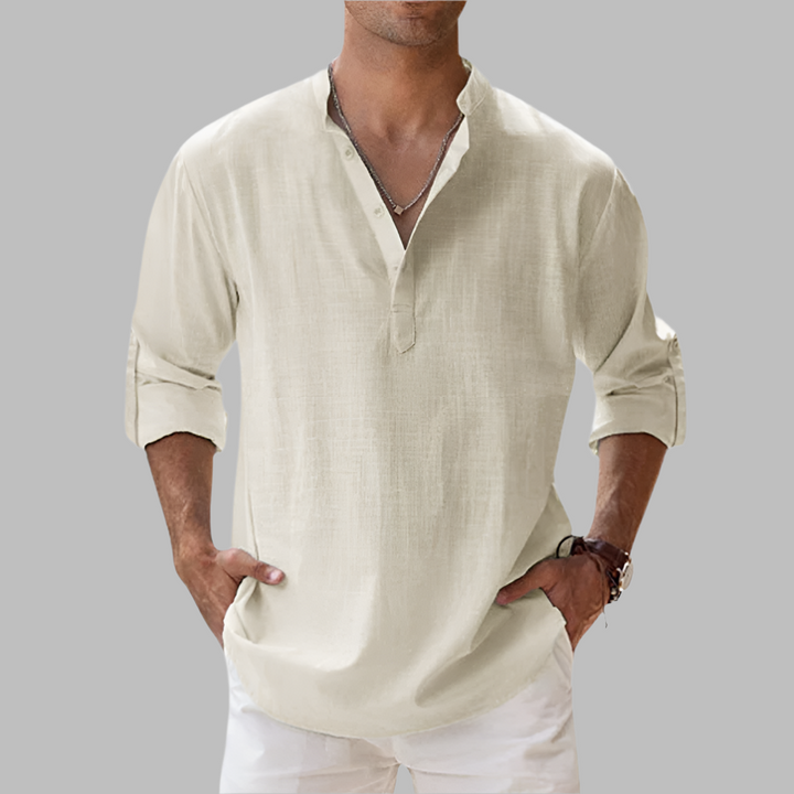 Linen Button Down Shirt with Relaxed Fit and Rollable Long Sleeves, Classic Collar