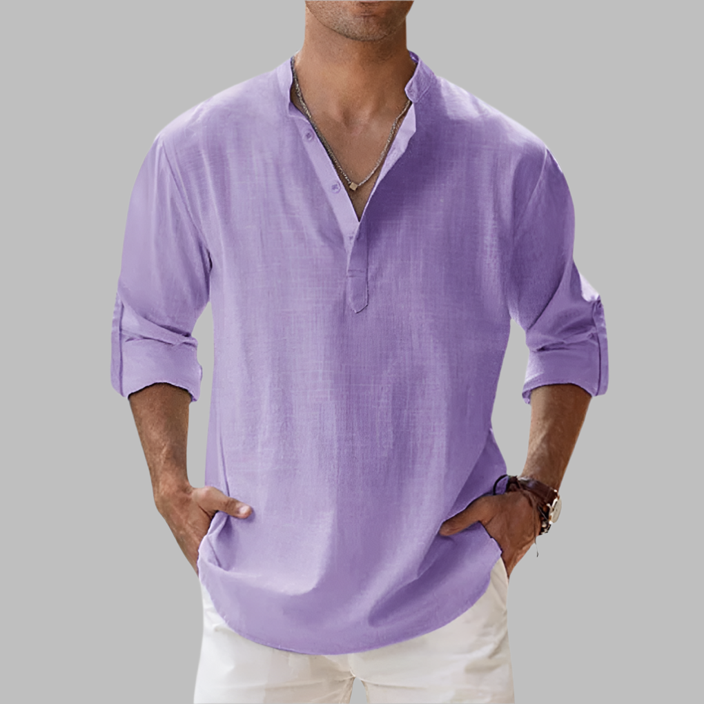 Linen Button Down Shirt with Relaxed Fit and Rollable Long Sleeves, Classic Collar
