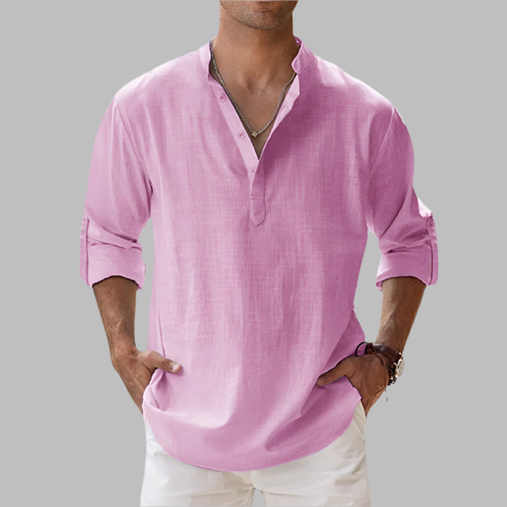 Linen Button Down Shirt with Relaxed Fit and Rollable Long Sleeves, Classic Collar
