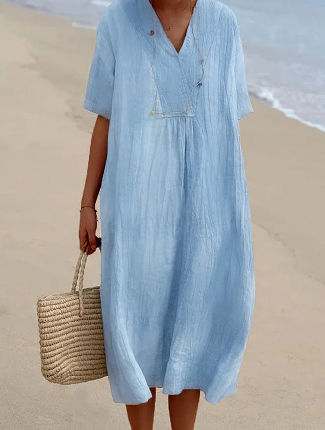Lightweight Polyester Beach Dress with V-Neck and Slip-On Design