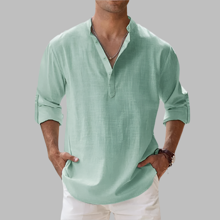 Linen Button Down Shirt with Relaxed Fit and Rollable Long Sleeves, Classic Collar