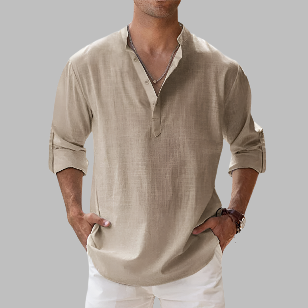 Linen Button Down Shirt with Relaxed Fit and Rollable Long Sleeves, Classic Collar