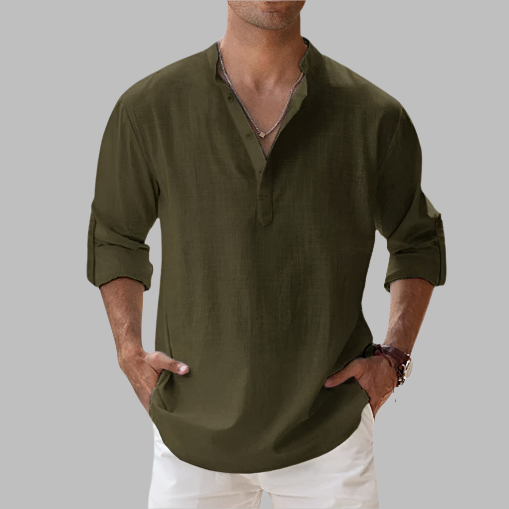 Linen Button Down Shirt with Relaxed Fit and Rollable Long Sleeves, Classic Collar