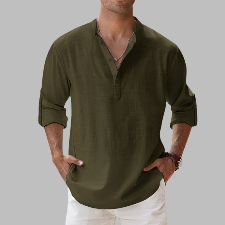 Linen Button Down Shirt with Relaxed Fit and Rollable Long Sleeves, Classic Collar