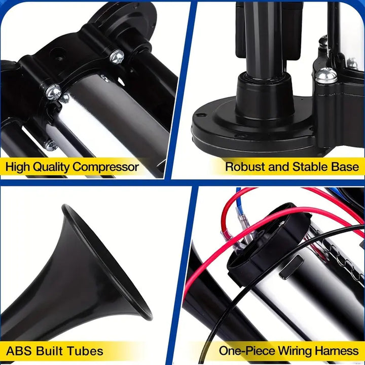 Dual Horn System with Built-In Compressor for 12V Vehicles