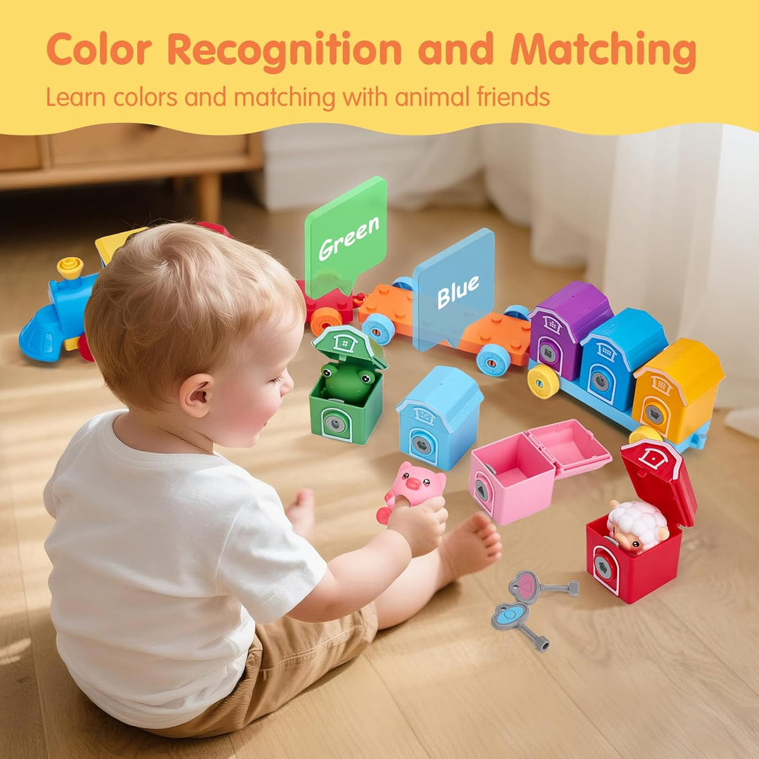 Wooden Train Set with Farm Animals and Numbered Cars for Counting and Sorting Activities