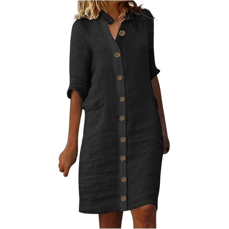 Linen Blend Midi Dress with Sleeveless Design and Loose Fit, Round Neckline