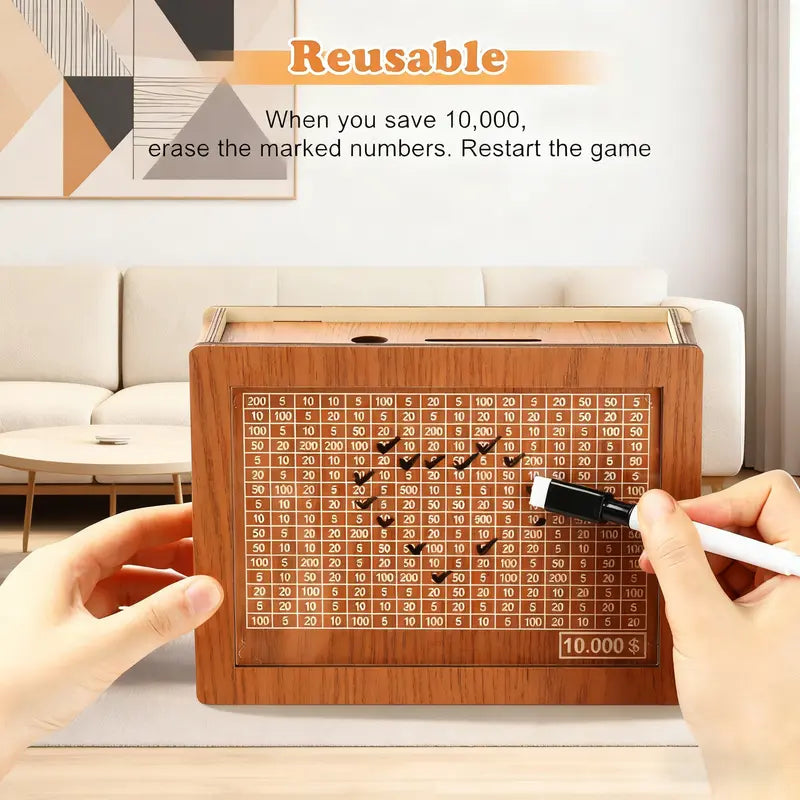Wooden Money Savings Box with Clear Acrylic Panel and 9 Goal Targets