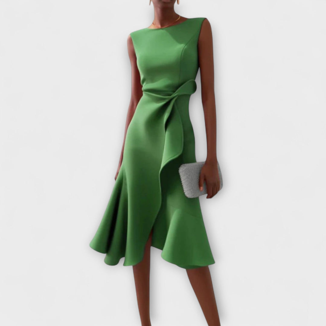 Asymmetric Midi Dress with Draped Hem and Sleeveless Cut, Lightweight Knit