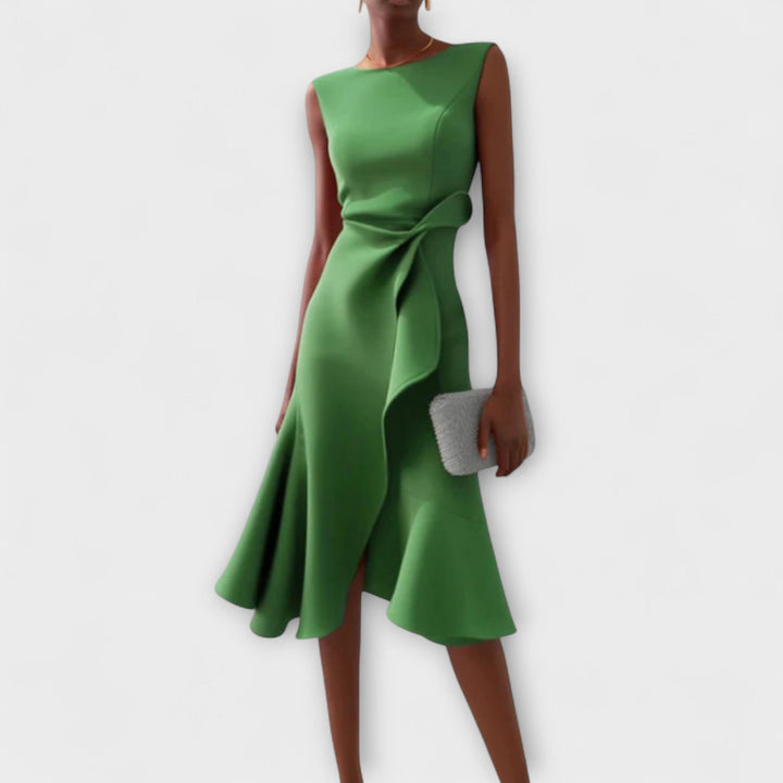 Asymmetric Midi Dress with Draped Hem and Sleeveless Cut, Lightweight Knit