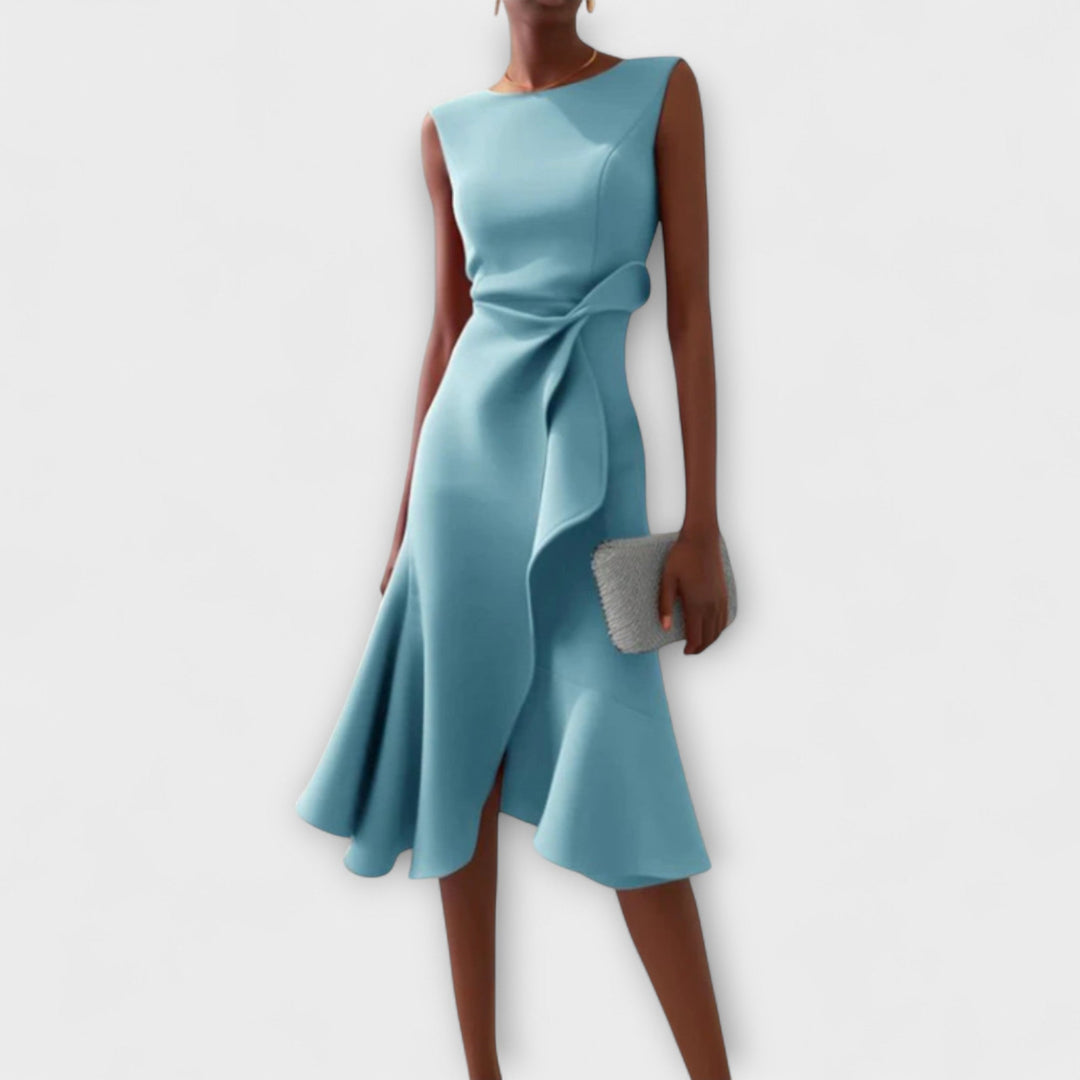 Asymmetric Midi Dress with Draped Hem and Sleeveless Cut, Lightweight Knit