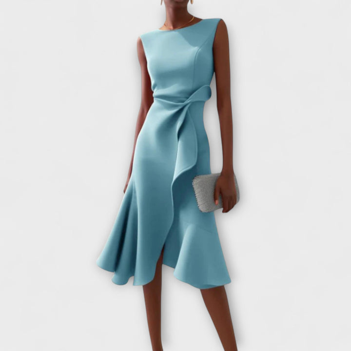 Asymmetric Midi Dress with Draped Hem and Sleeveless Cut, Lightweight Knit