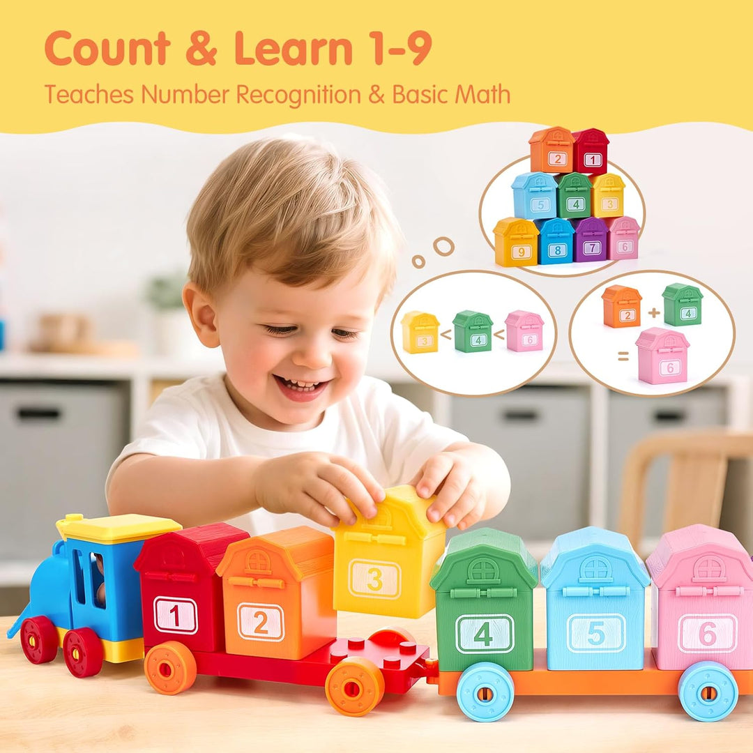Wooden Train Set with Farm Animals and Numbered Cars for Counting and Sorting Activities