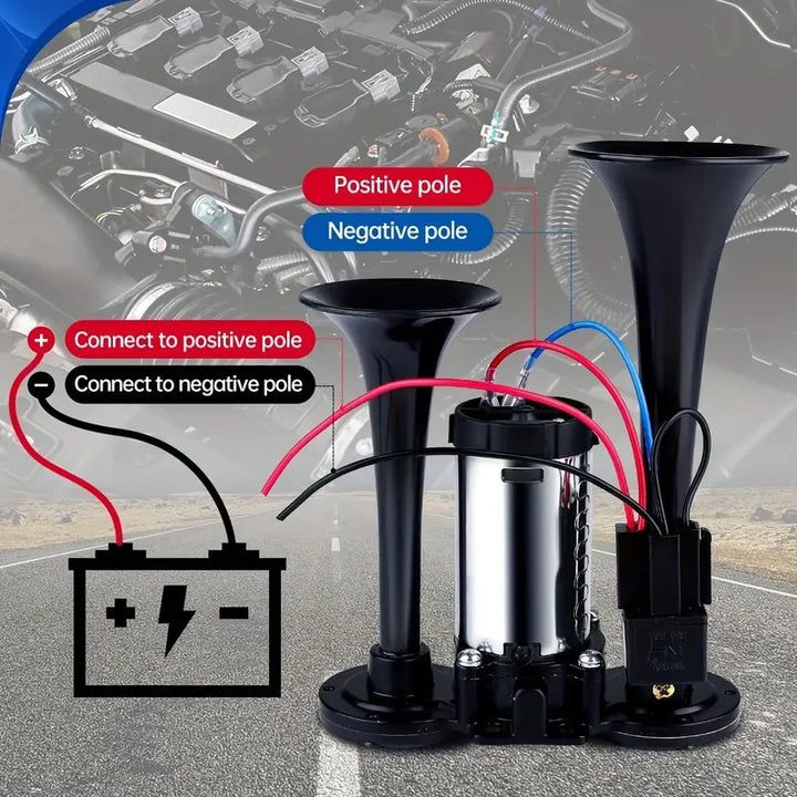 Dual Horn System with Built-In Compressor for 12V Vehicles