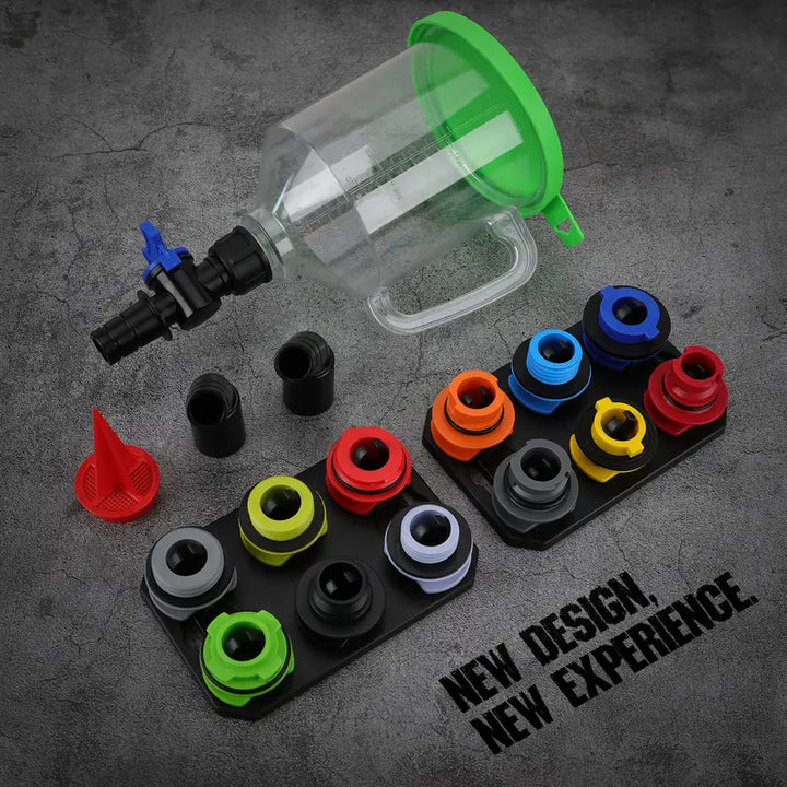 Oil Funnel Adapter Set with 12 colour Coded Pieces and Magnetic Storage Trays
