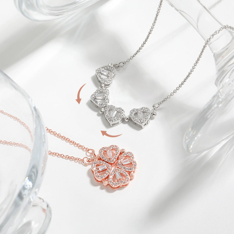 Four Heart Clover Pendant Necklace with Adjustable Chain and Gift Box
