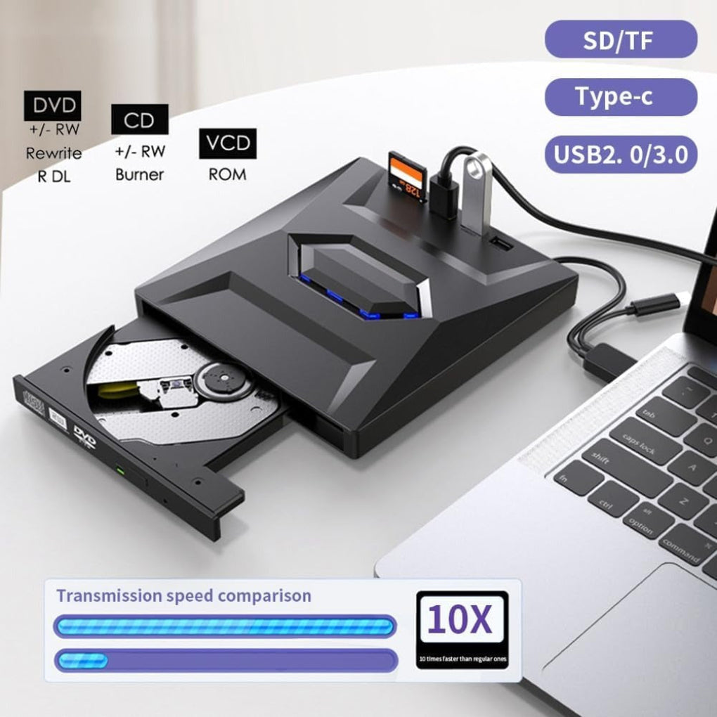 External DVD Drive with Memory Card Slot and Dual Port Connectivity, Plug and Play