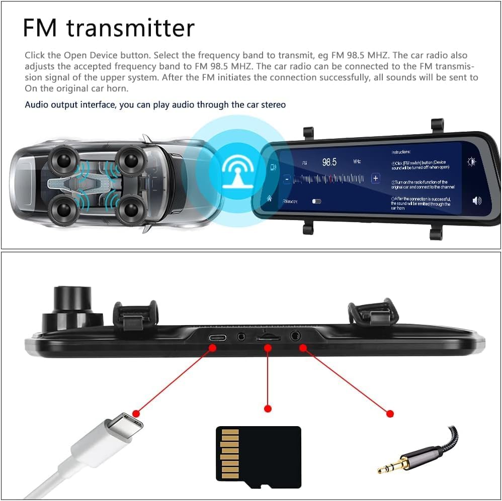 Mirror Dash Cam with Dual HD Recording and GPS Tracking, 9.66in Touchscreen