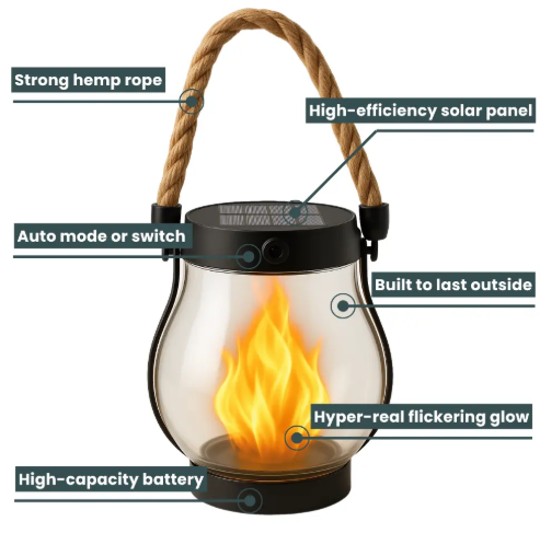 Solar Flame Light with Automatic Dusk Sensor and Flickering Effect, Waterproof