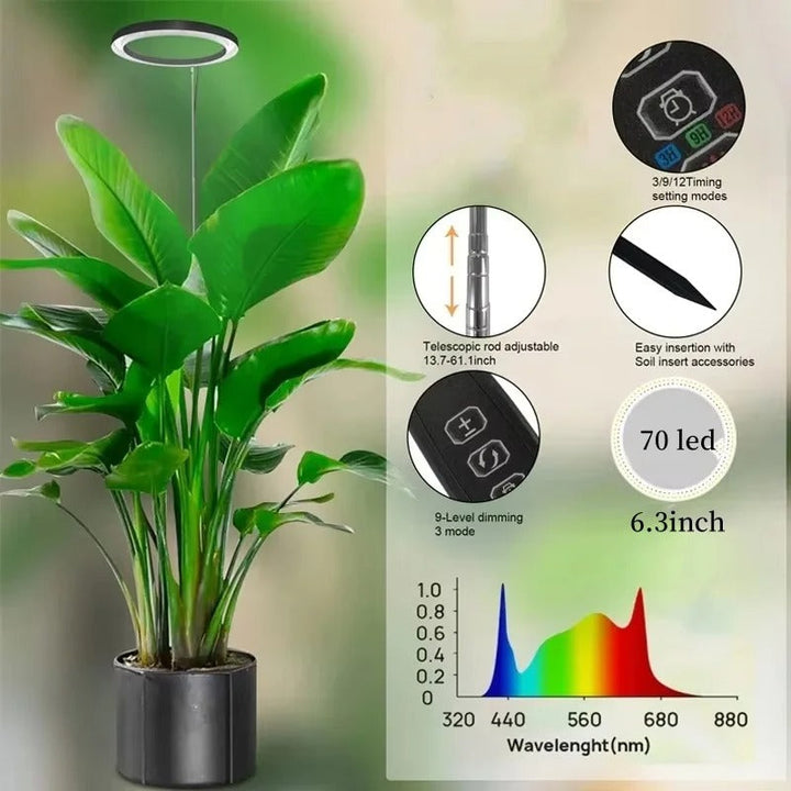 Full Spectrum LED Ring Light with Telescoping Stand and Adjustable Brightness for Indoor Plants