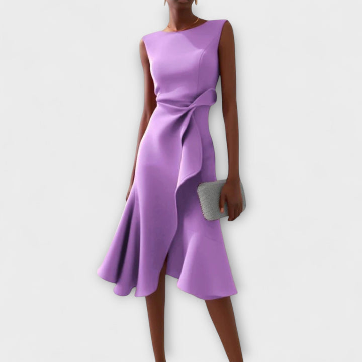 Asymmetric Midi Dress with Draped Hem and Sleeveless Cut, Lightweight Knit