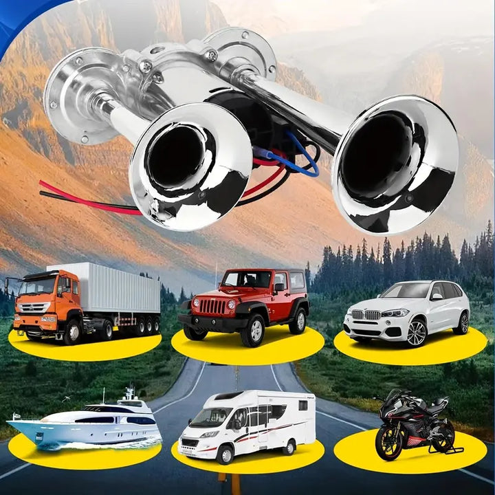 Dual Horn System with Built-In Compressor for 12V Vehicles