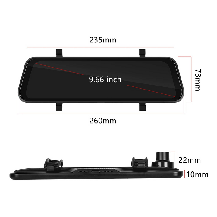 Mirror Dash Cam with Dual HD Recording and GPS Tracking, 9.66in Touchscreen