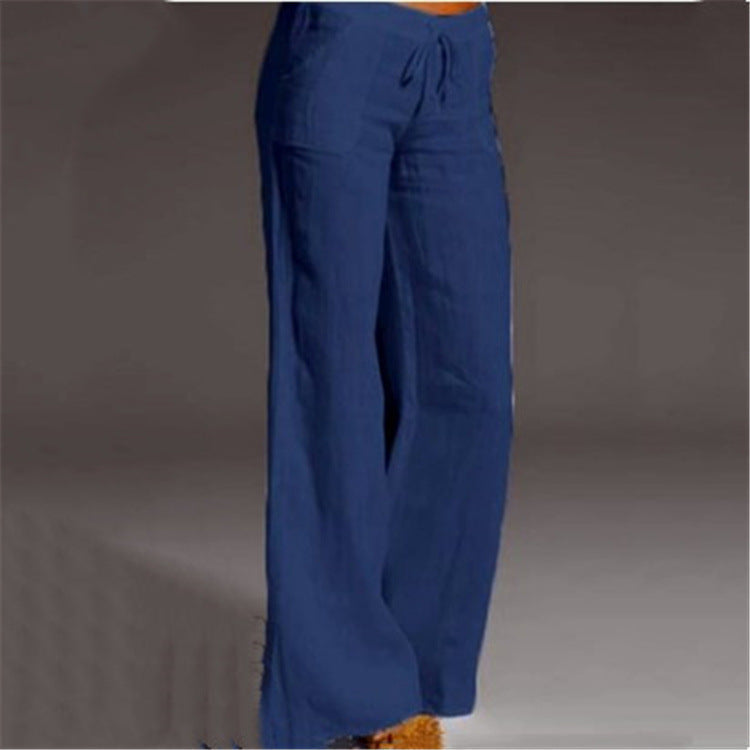 Linen Cotton Blend Trousers with Elastic Waist and Loose Fit for Women