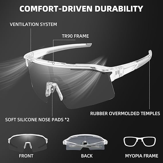 Photochromic Sports Sunglasses with Wraparound Frame and UV Protection, Unisex