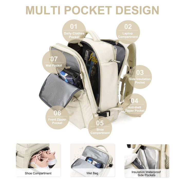 Travel Backpack with External Charging Port and Laptop Compartment, 35L Capacity