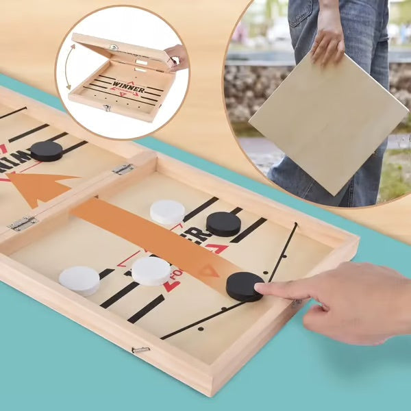 Wooden Puck Game with Center Gate and 10 Wooden Pieces for Two Players