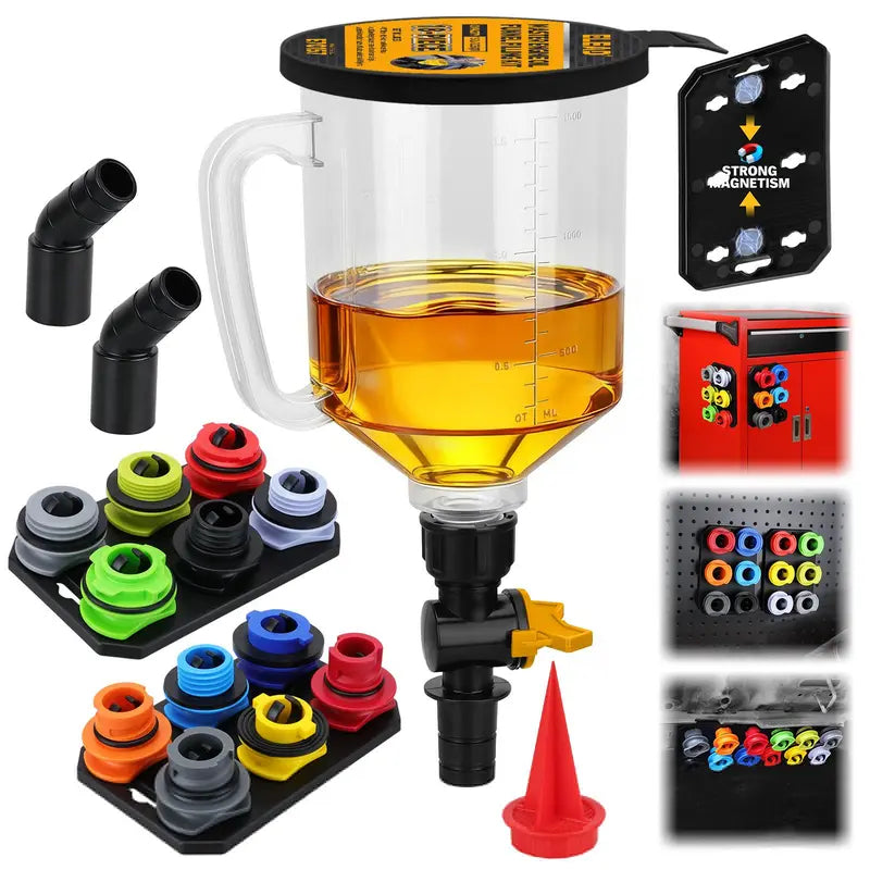 Oil Funnel Adapter Set with 12 colour Coded Pieces and Magnetic Storage Trays