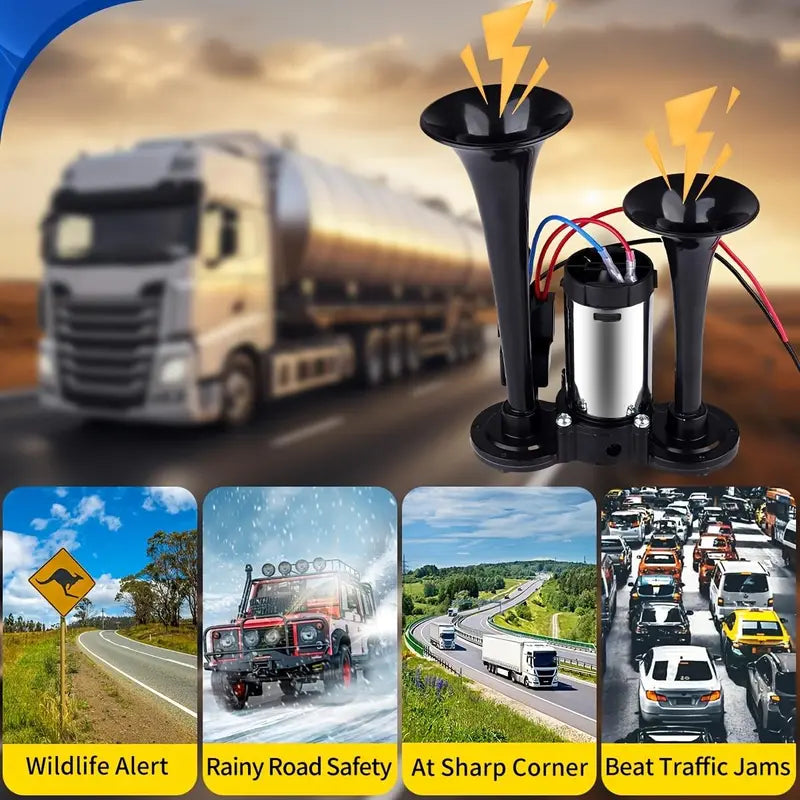 Dual Horn System with Built-In Compressor for 12V Vehicles