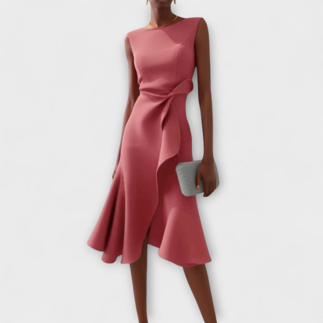 Asymmetric Midi Dress with Draped Hem and Sleeveless Cut, Lightweight Knit