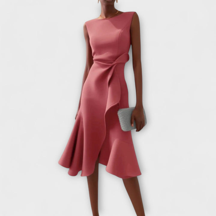 Asymmetric Midi Dress with Draped Hem and Sleeveless Cut, Lightweight Knit