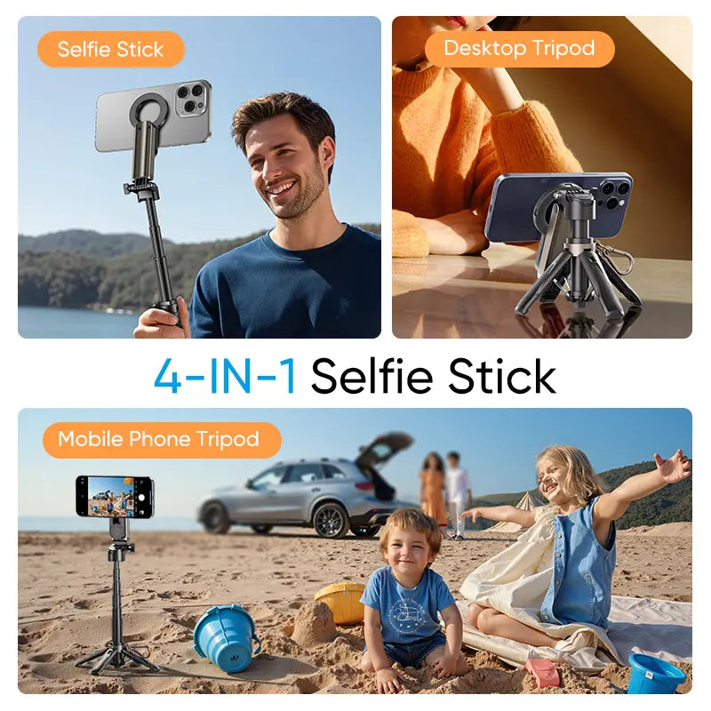 Selfie Stick with Magnetic Phone Holder and 10-Meter Wireless Remote, Tripod Base