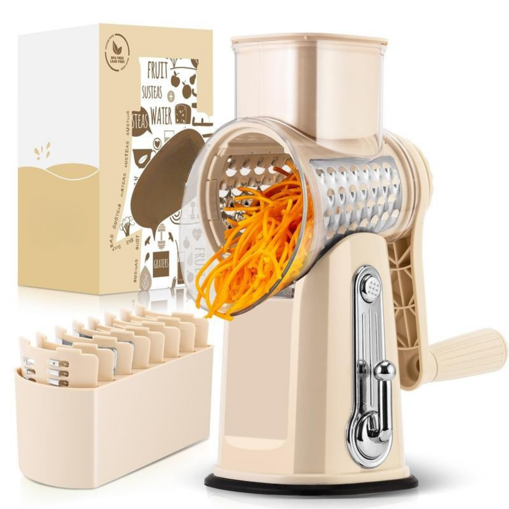 Rotary Vegetable Grater with Five Interchangeable Blades and Suction Cup Base